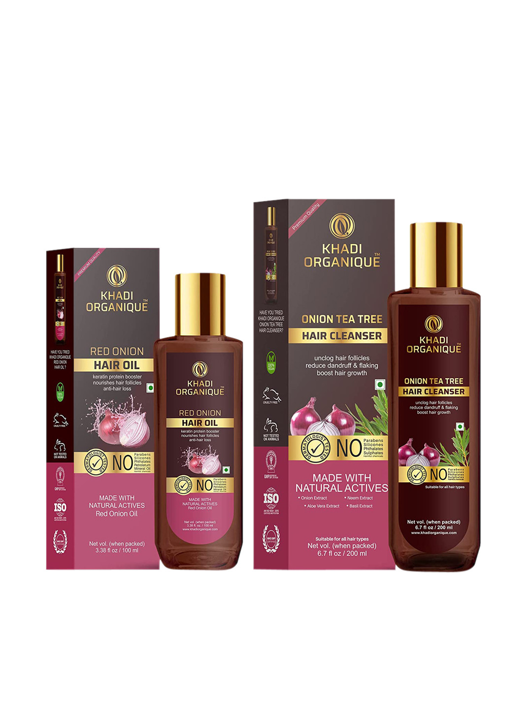 Khadi Organique Pack of 2 Red Onion Hair Oil & Onion Tea Tree Hair Shampoo 300 ml