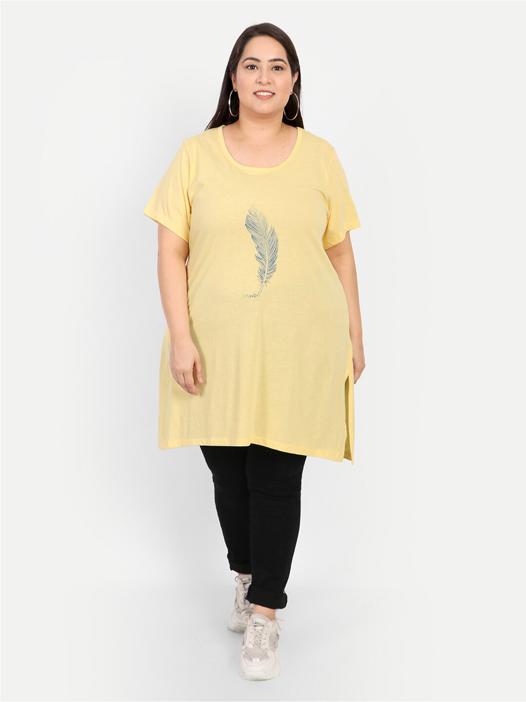 CUPID Women Plus Size Yellow Print High-Low Longline Top
