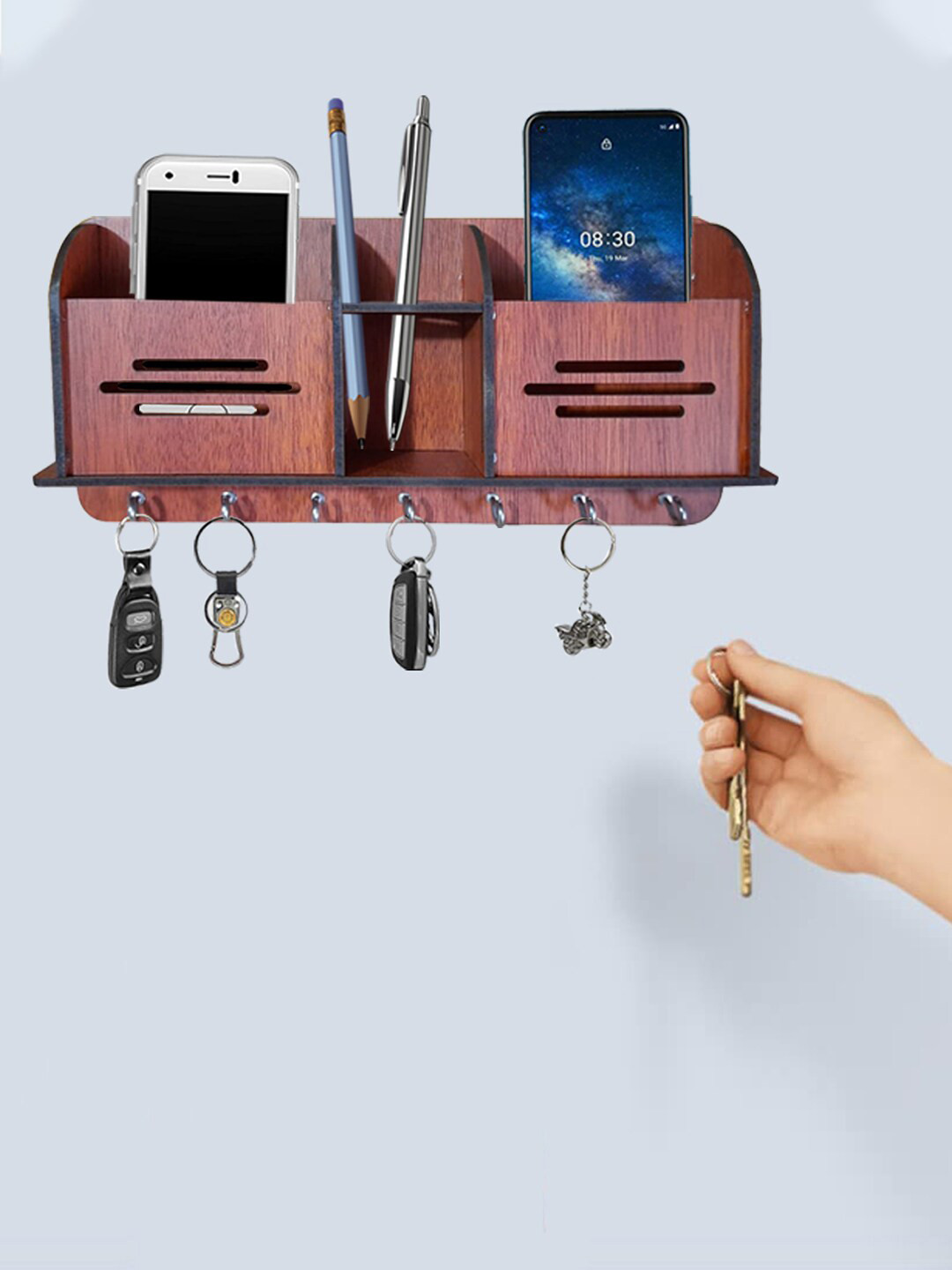 Kuber Industries Wooden Line Design 7 Hooks Key Holder Pen Pencil Holder & Charging Slots
