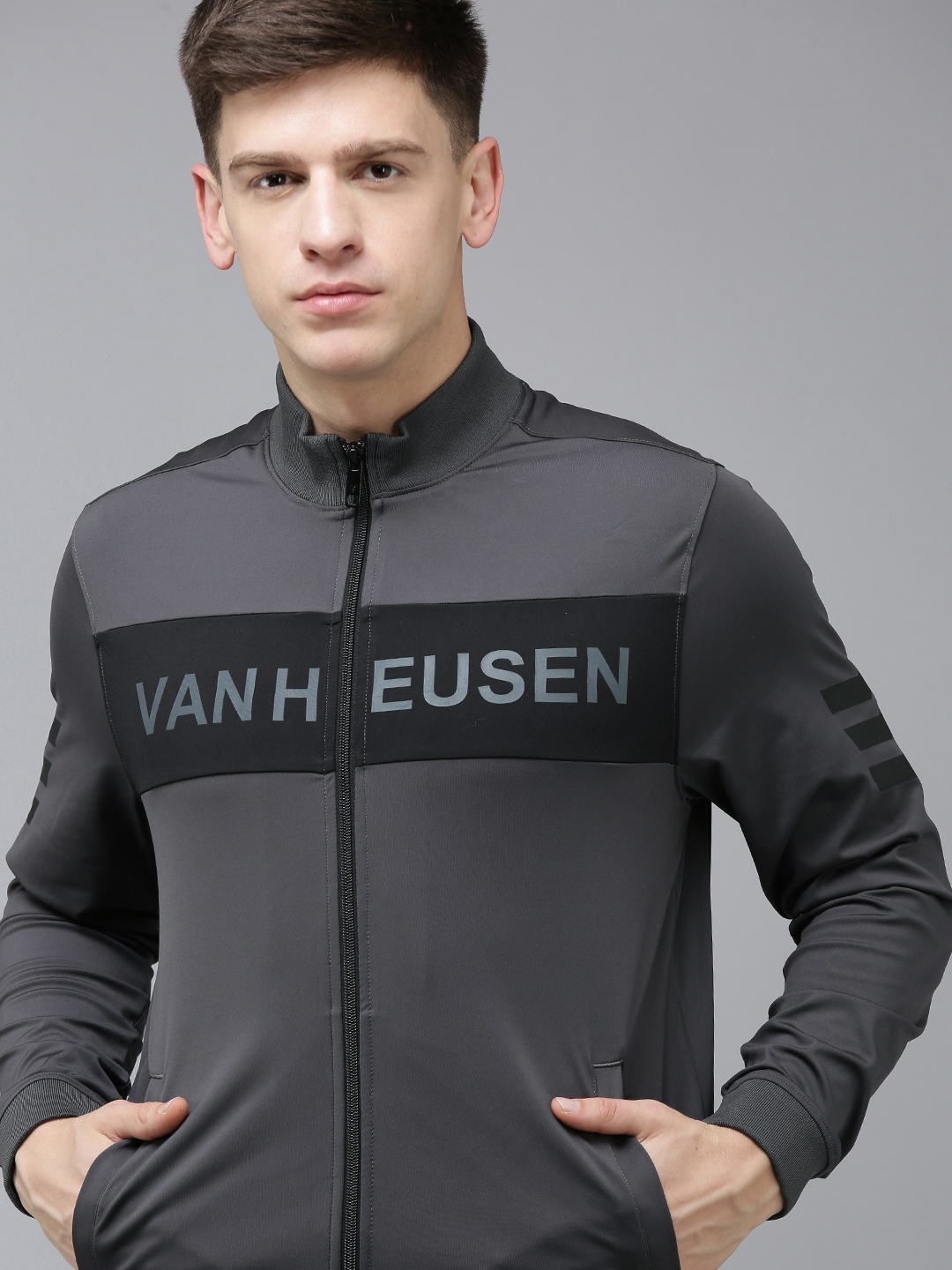 Buy Van Heusen Flex Men Grey Brand Logo Print Knitted Active Fit Training Jacket Jackets for Men 20680666 Myntra