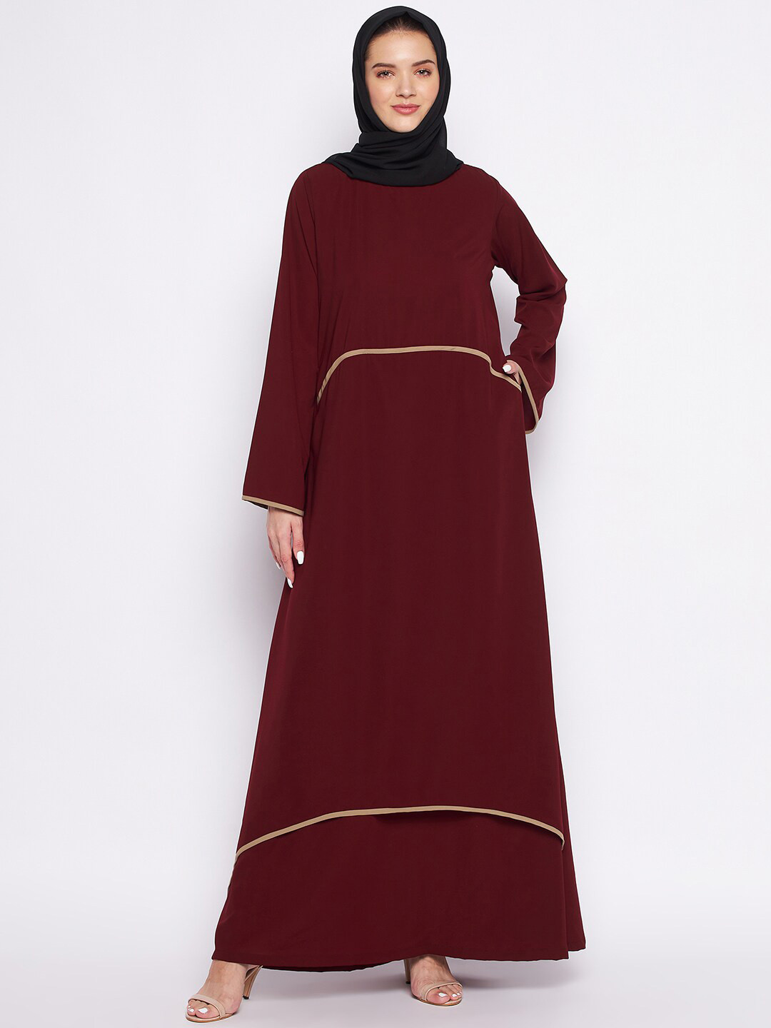 NABIA Women Maroon Solid Piping Design Double Layer Abaya Burqa
