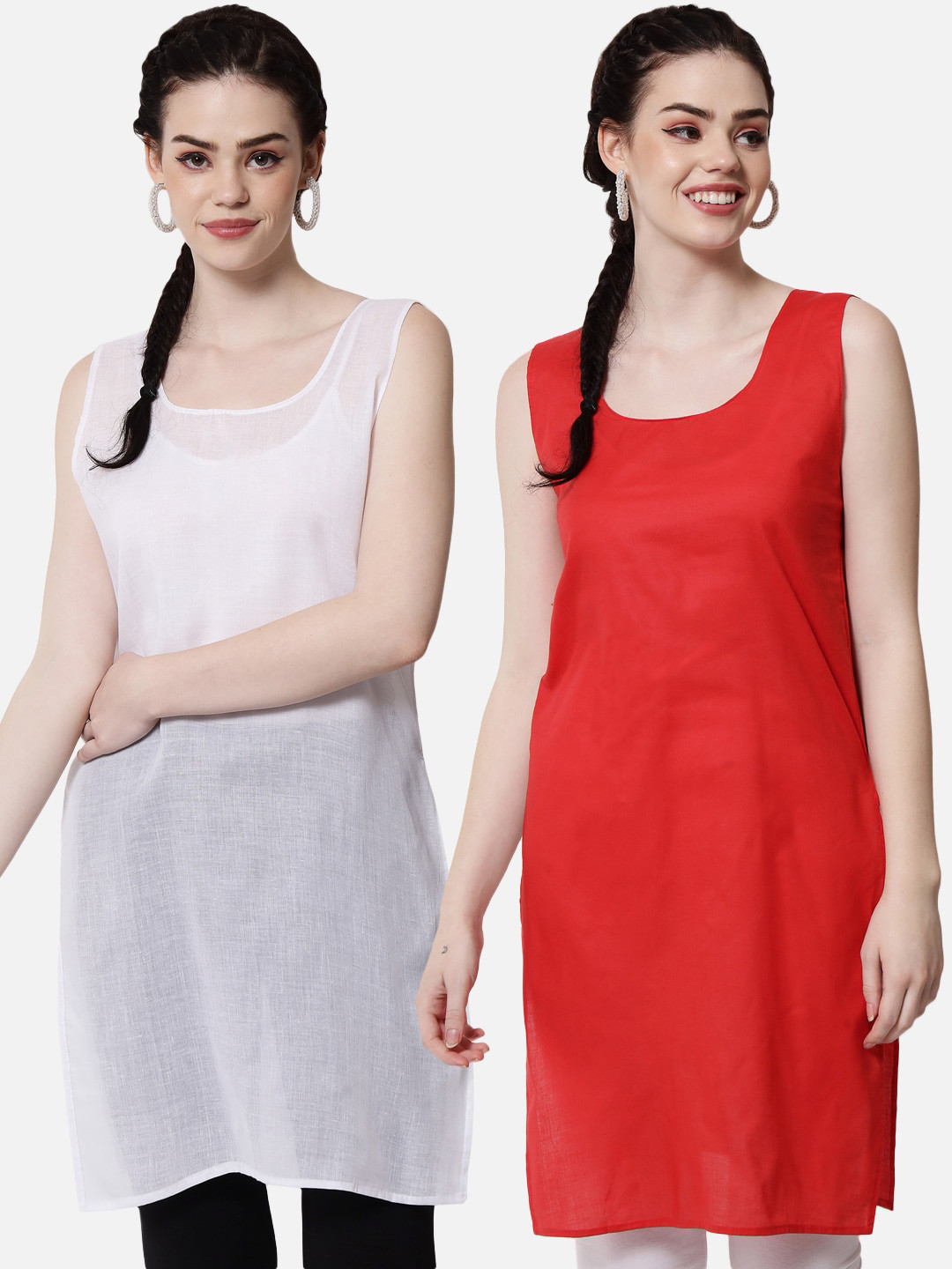 PARAMOUNT CHIKAN Women Red & White Pack Of 2 Solid Cotton Camisoles