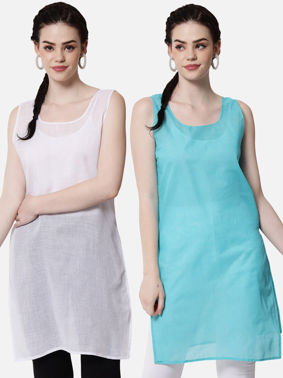 PARAMOUNT CHIKAN Turquoise Blue & White Women Pack Of 2 Solid Cotton Camisoles