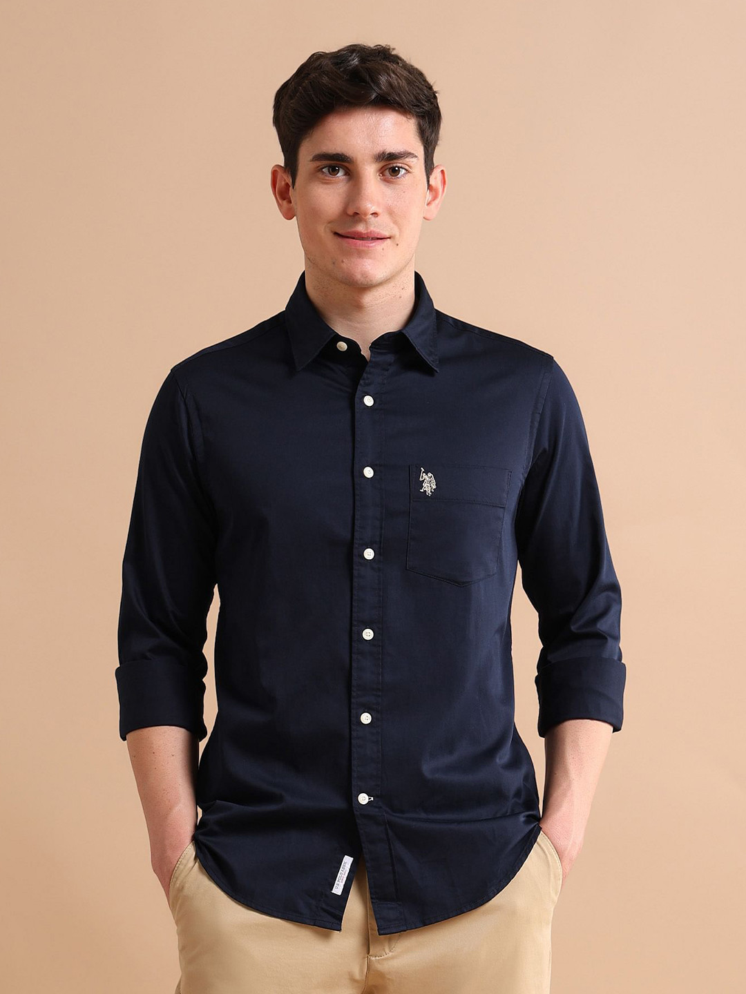 U.S. Polo Assn. Men Navy Blue Solid Pure Cotton Tailored Satin Shirt