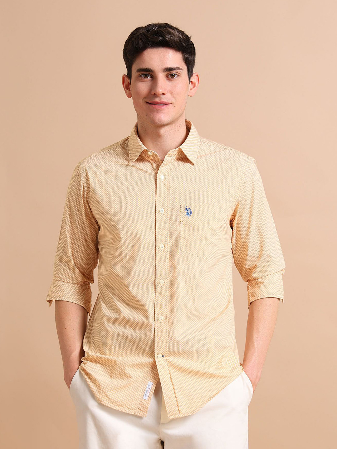 U.S. Polo Assn. Men Beige Digital Print Pure Cotton Casual Shirt