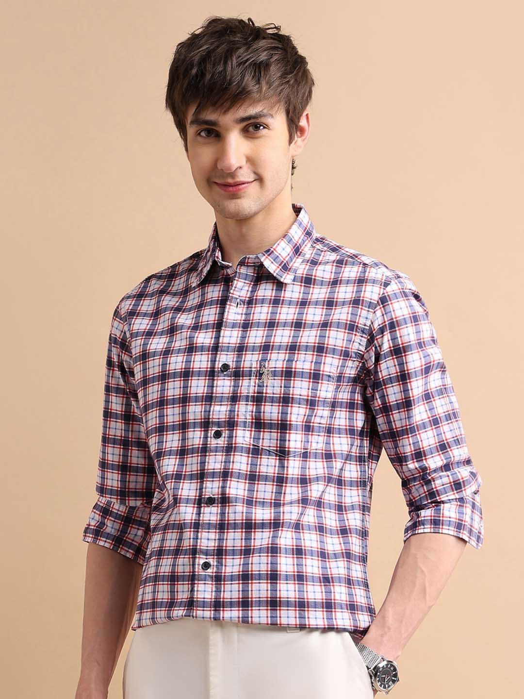 U.S. Polo Assn. Men Blue  & White Checked Cotton Tartan Herringbone Shirt