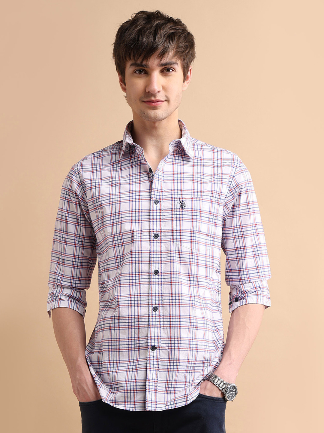 U.S. Polo Assn. Men White & Black Tartan Twill Checks Pure Cotton Casual Shirt