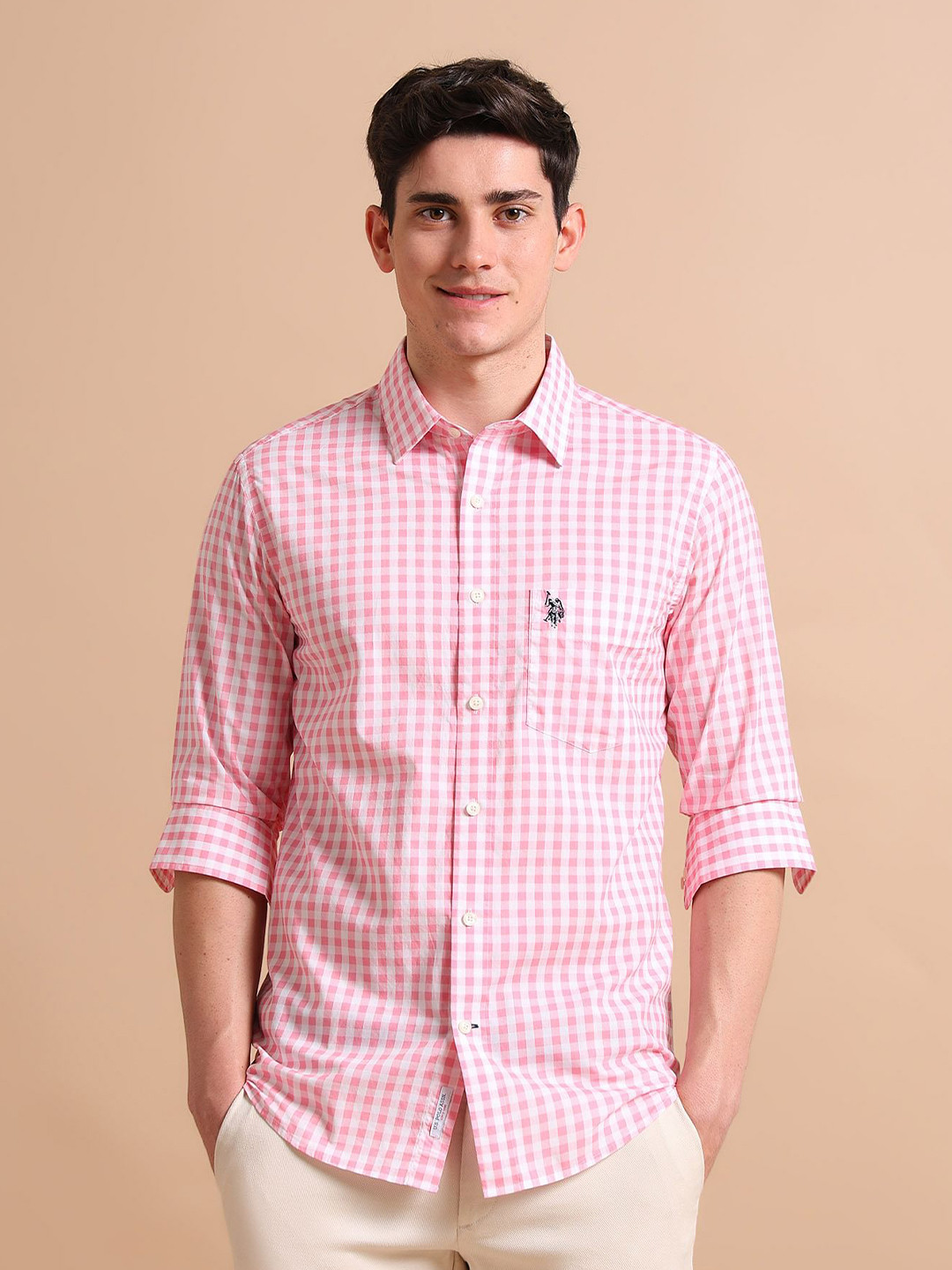 U.S. Polo Assn. Men Pink & White Gingham Twill Checked Pure Cotton Casual Shirt