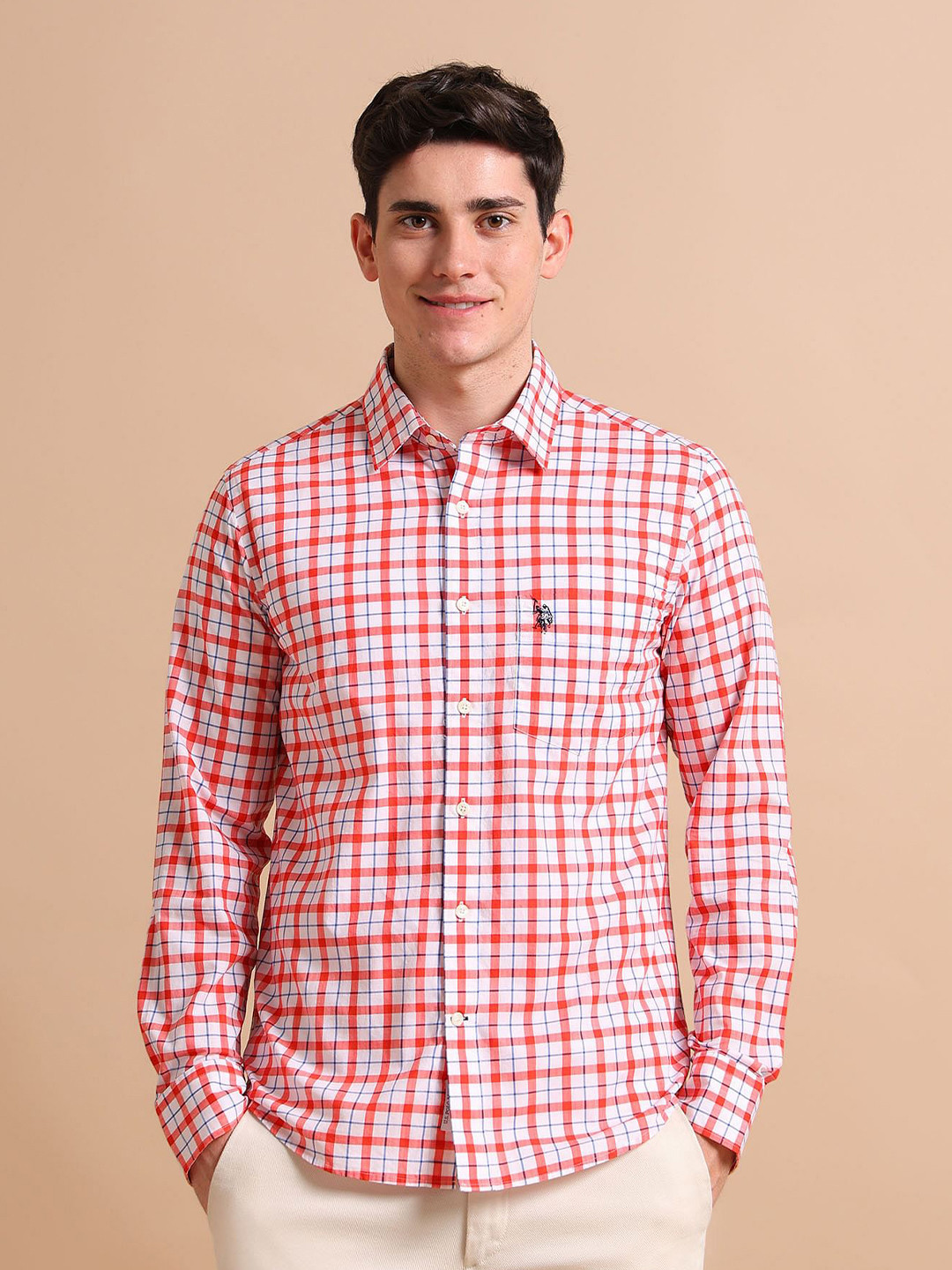 U.S. Polo Assn. Men Red & White Twill Check Pure Cotton Casual Shirt