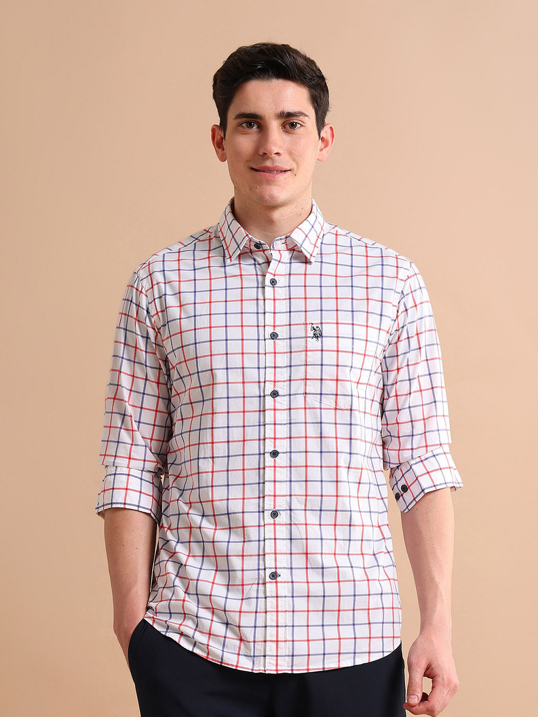 U.S. Polo Assn. Men White Pure Cotton Grid Tattersall Twill Casual Shirt