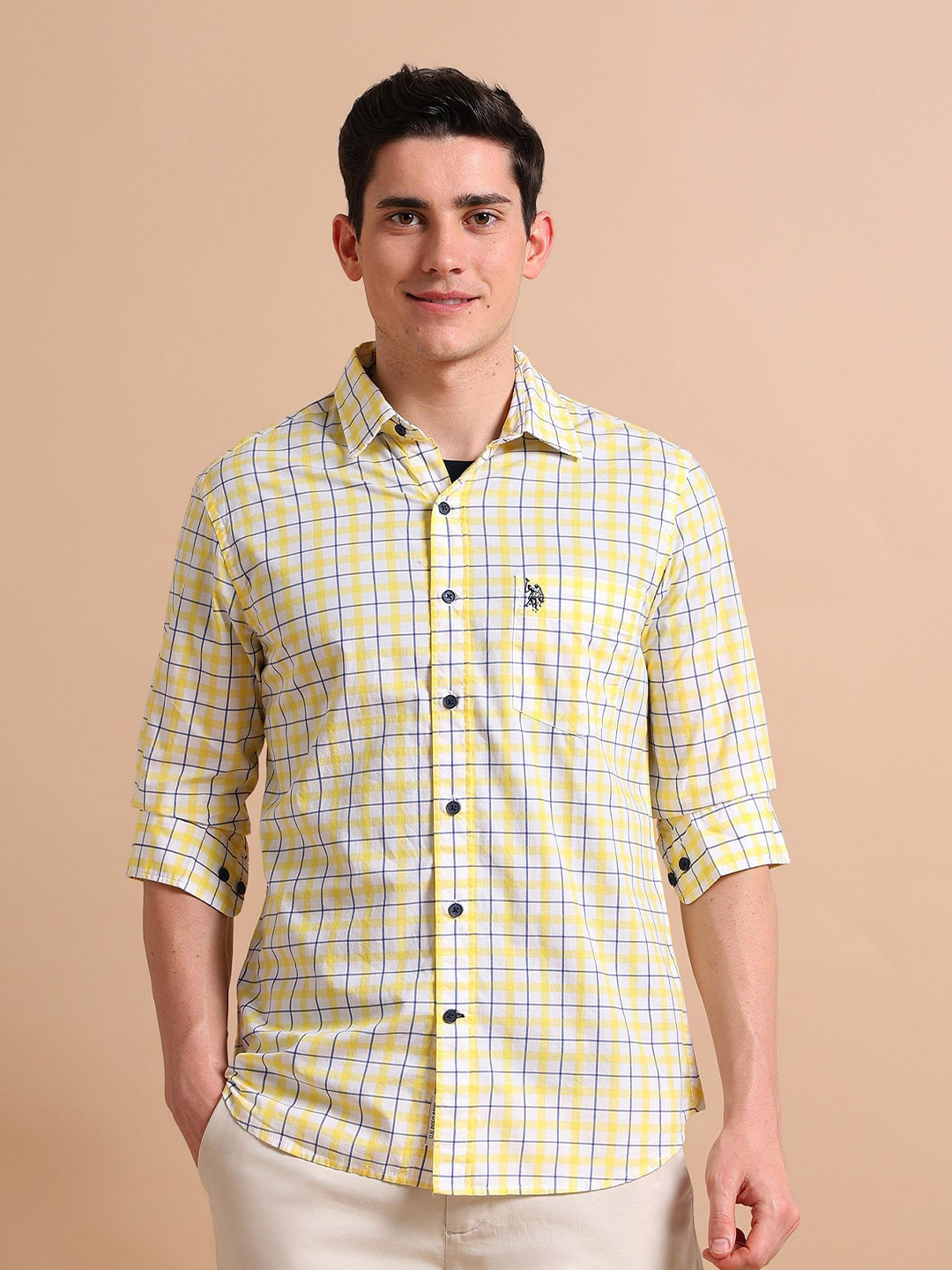 U.S. Polo Assn. Men Yellow Checked Pure Cotton Twill Check Shirt