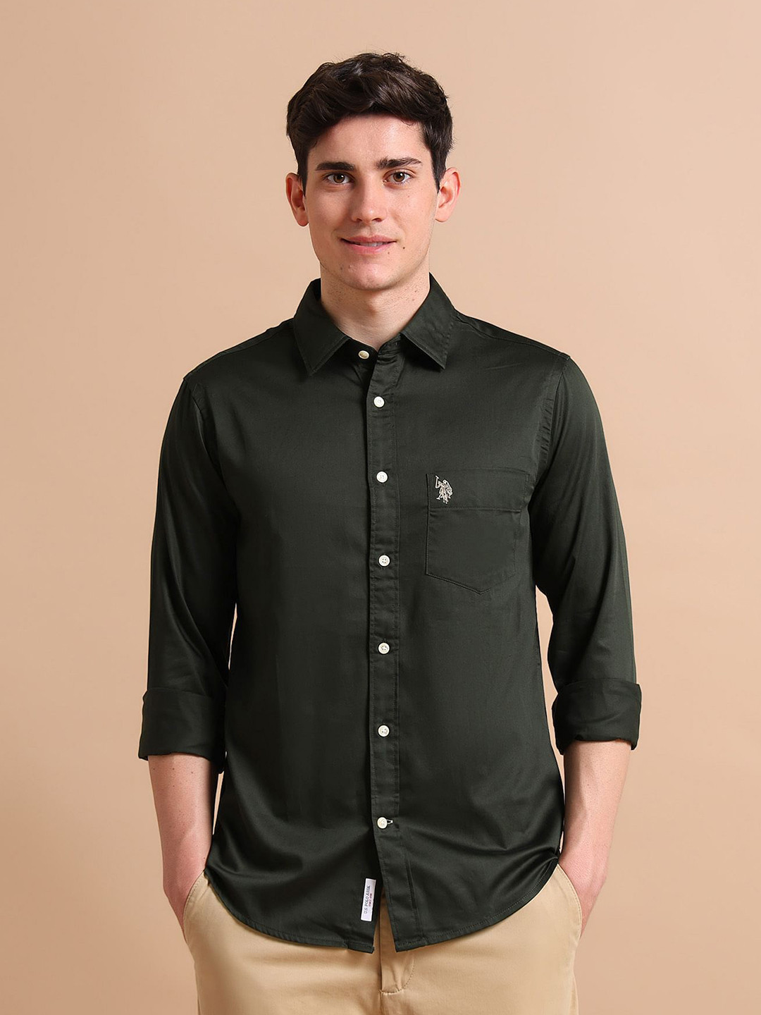 U.S. Polo Assn. Men Green Solid Pure Cotton Evening Satin Shirt