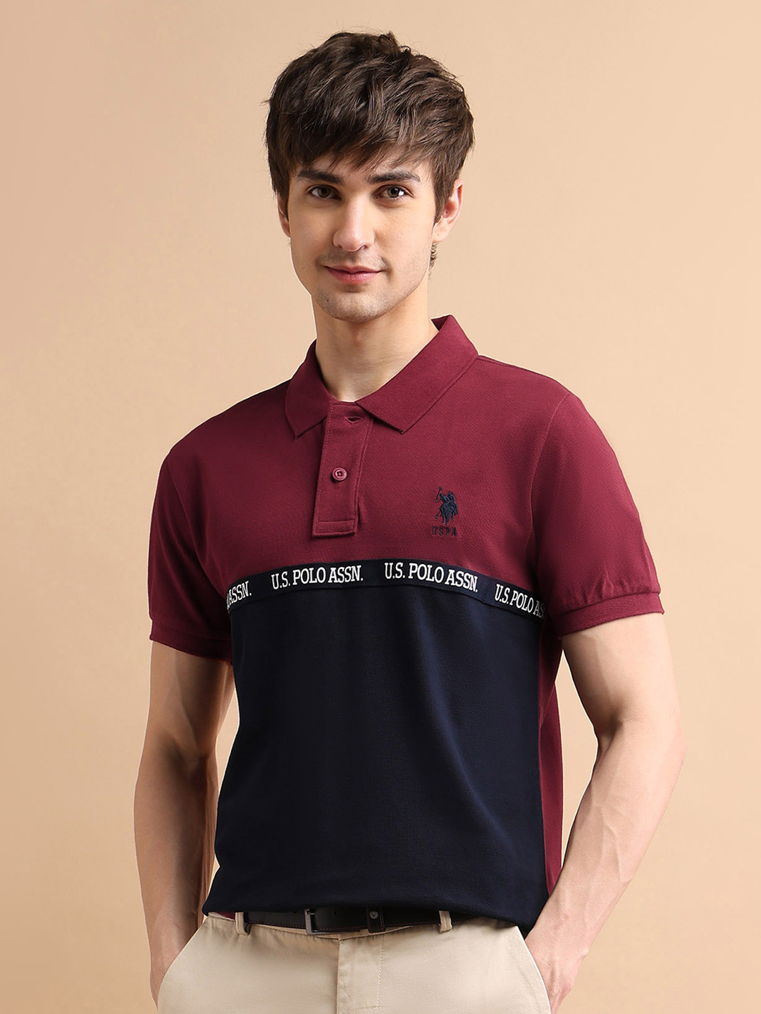U.S. Polo Assn. Men Typography Colourblocked Logo Tape Cotton Polo Collar T-shirt