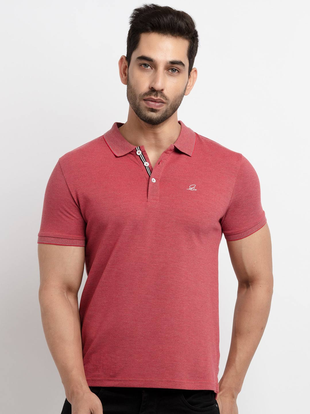 Status Quo Men Red Solid Polo Collar Cotton T-shirt