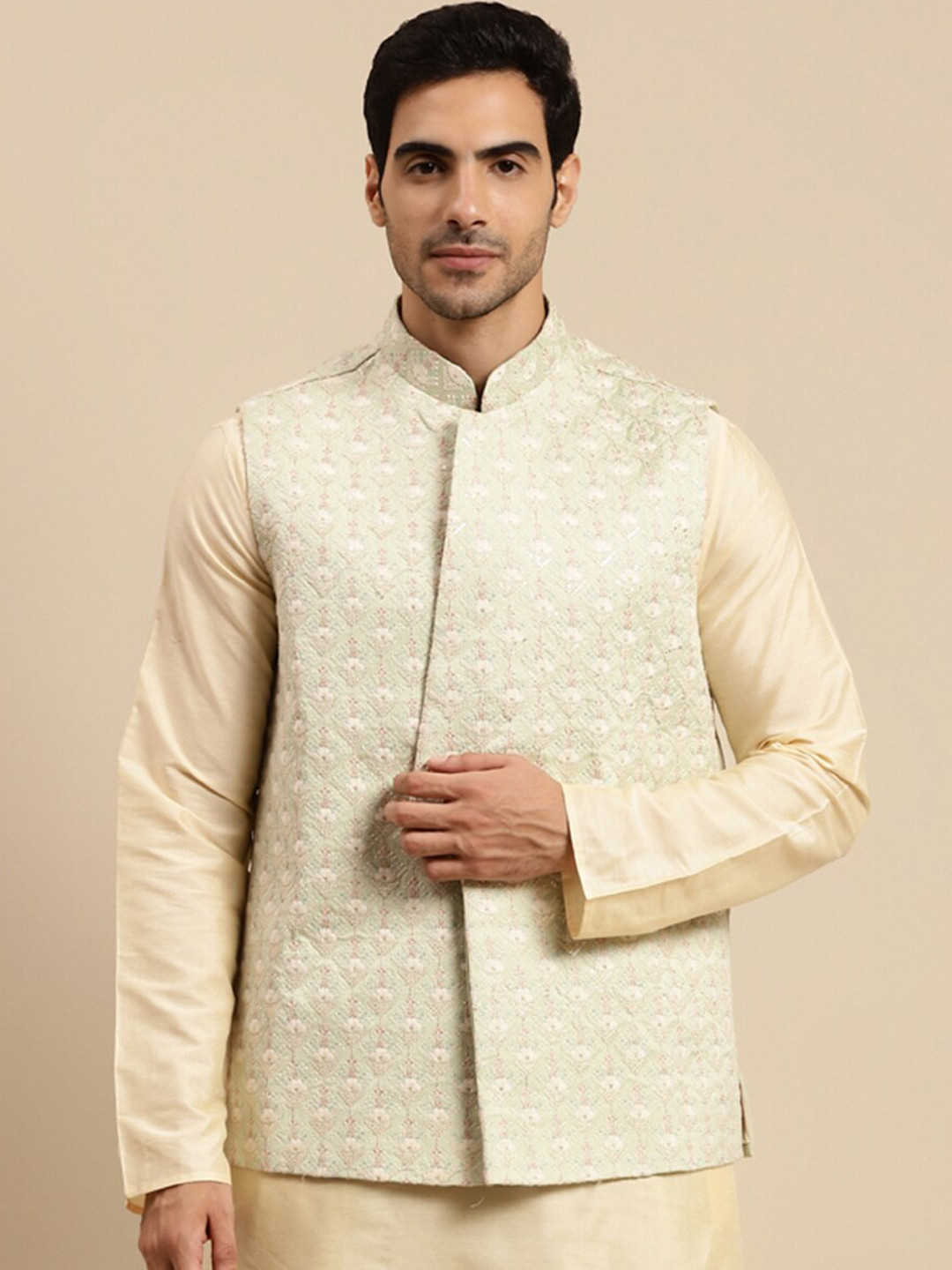 KISAH Men Light Green Embellished  Nehru Jackets