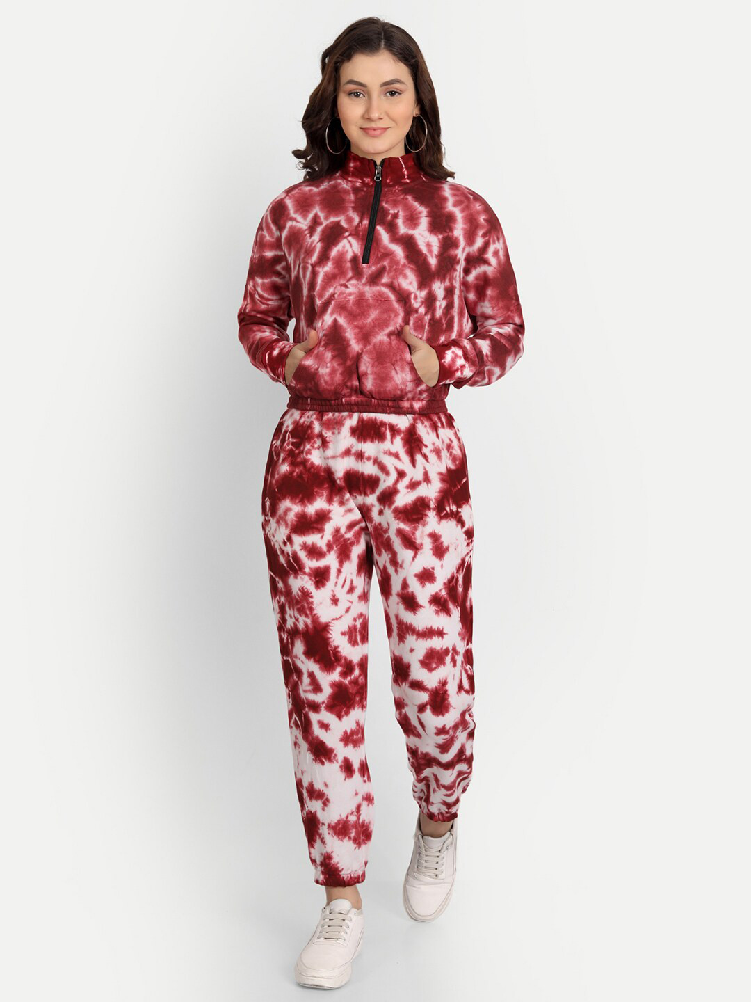 iki chic Women Red & White Zip-up Turtle Neck Tie-Dye Cotton Jogger Set