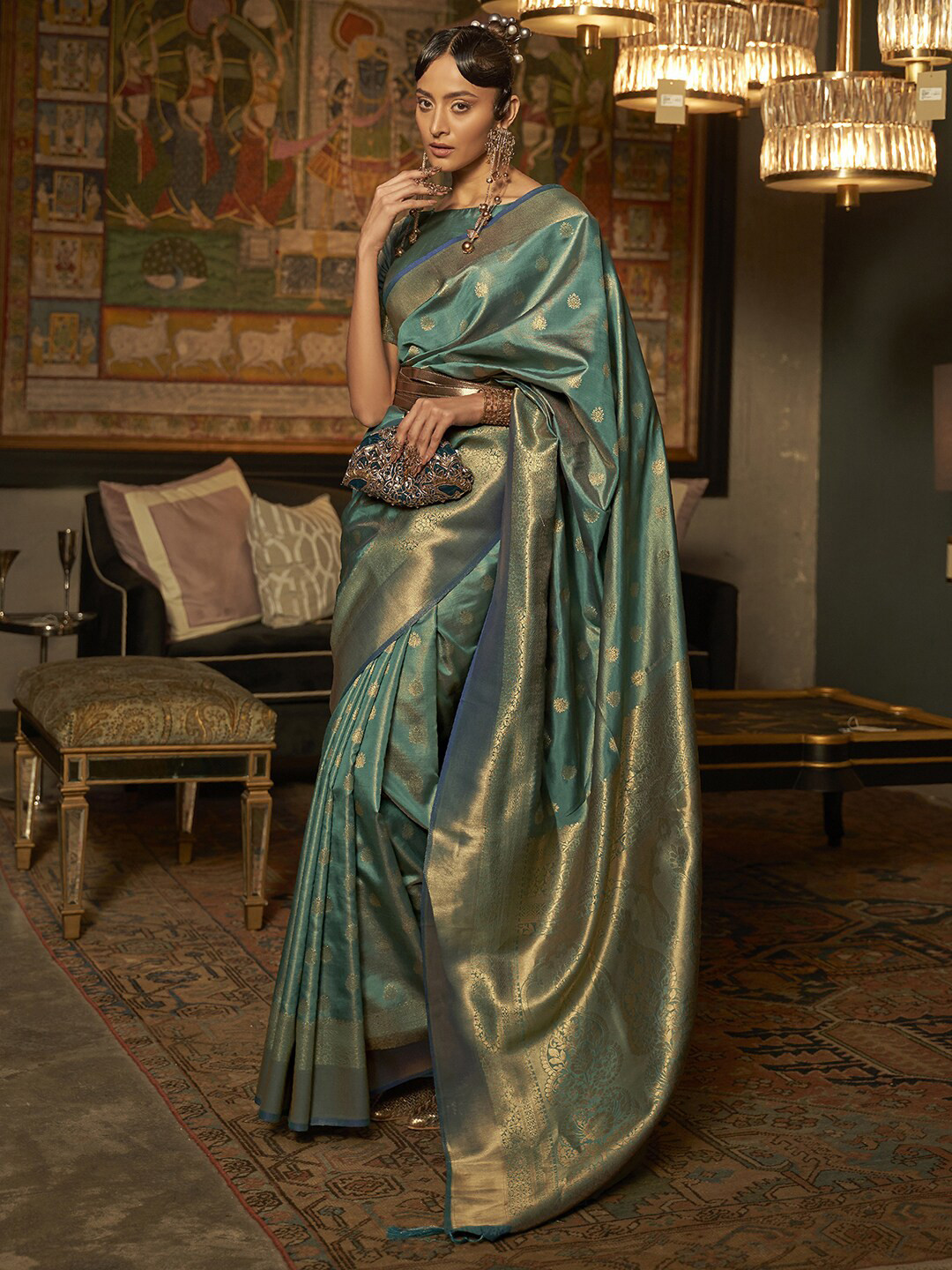 Mitera Teal & Gold-Toned Ethnic Motifs Zari Bagru Saree