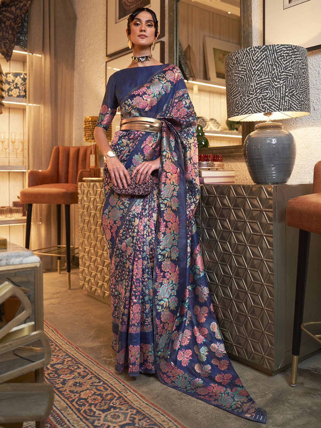 Mitera Navy Blue & Pink Floral Zari Silk Blend Banarasi Saree