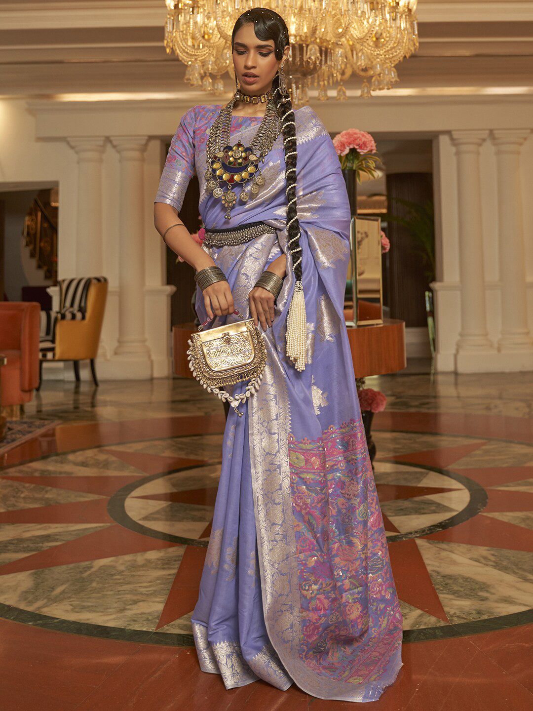 Mitera Lavender & Pink Floral Zari Silk Blend Bagru Saree