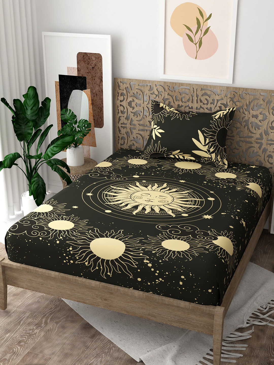 EverHOME Gen-Z Black Graphic Cotton 160 TC Single Bedsheet with a Pillow Cover-88 x 59 inches