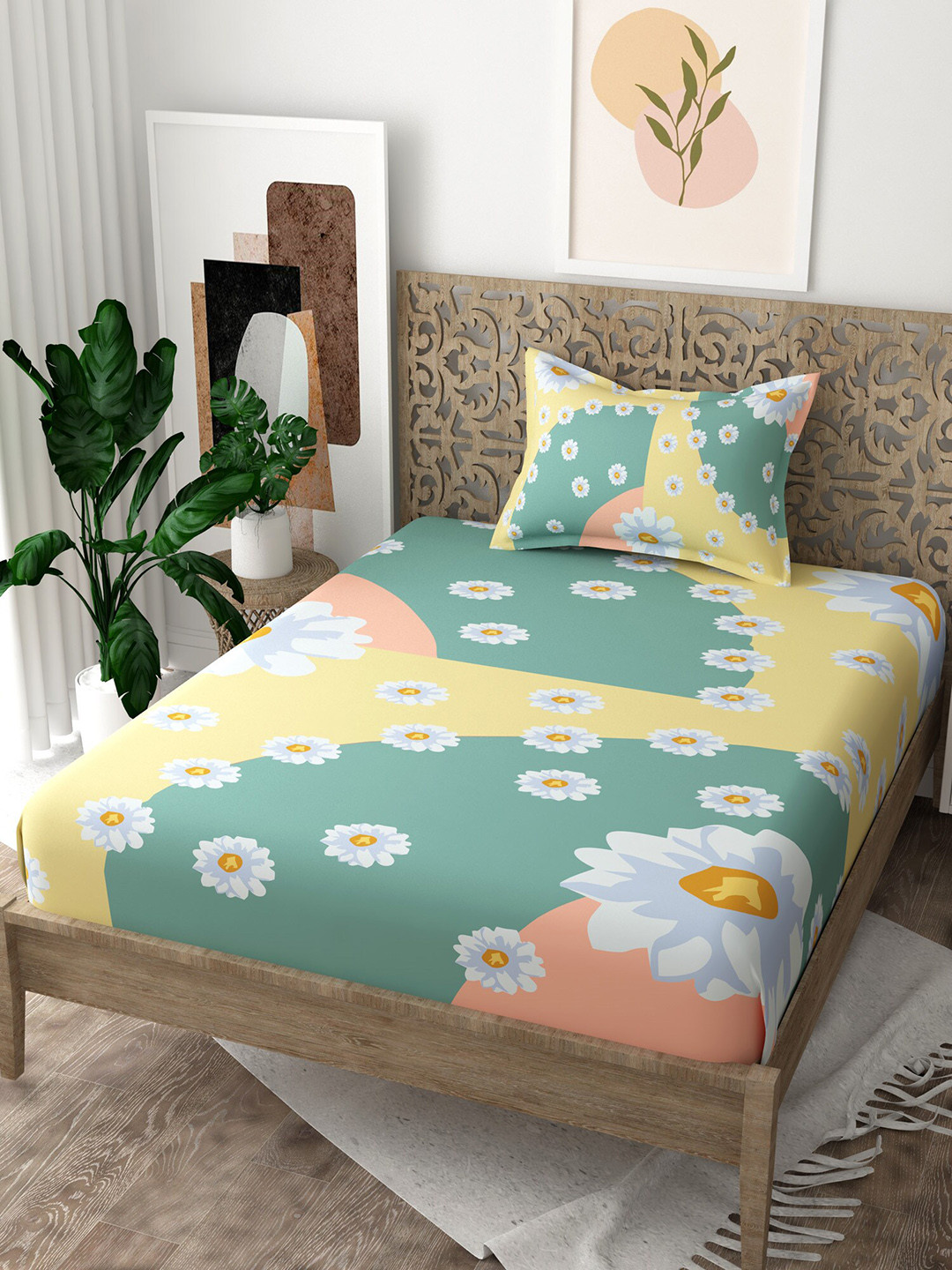 EverHOME Gen-Z Green Floral Cotton 160 TC Single Bedsheet with a Pillow Cover-88 x 59 inches