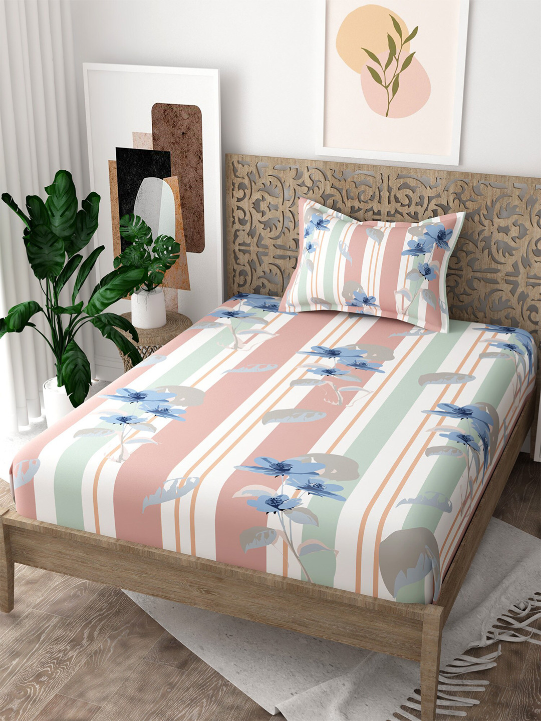 EverHOME Gen-Z Off White Floral Cotton 160 TC Single Bedsheet with a Pillow Cover-88 x 59 inches