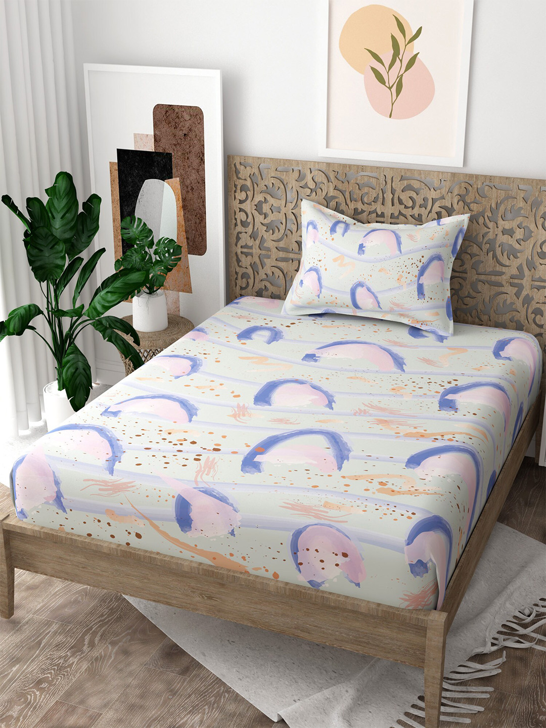 EverHOME Gen-Z Blue Abstract Cotton 160 TC Single Bedsheet with a Pillow Cover-88 x 59 inches