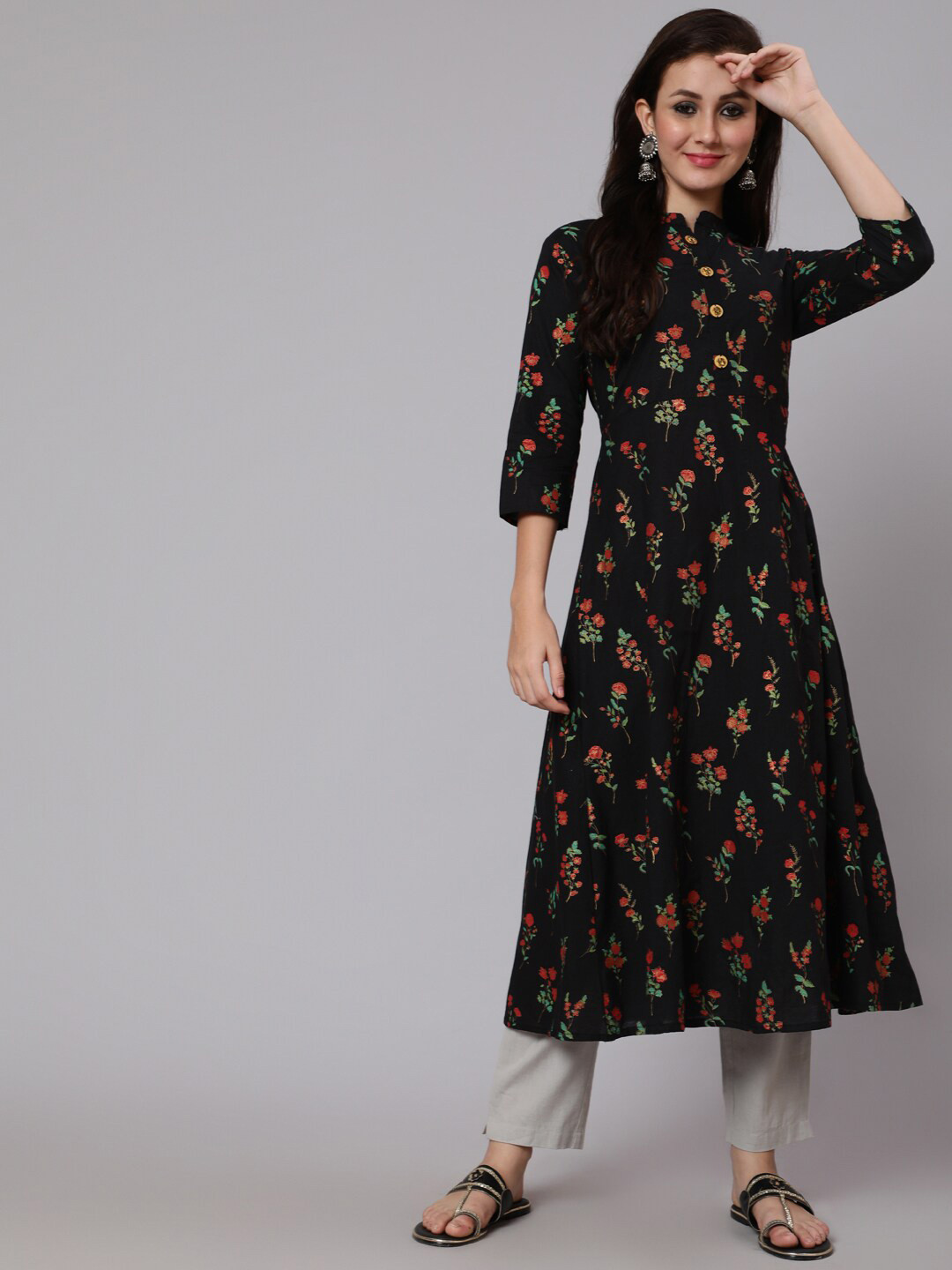 WOMENCLICK Black & Red Floral Printed Cotton Kurta