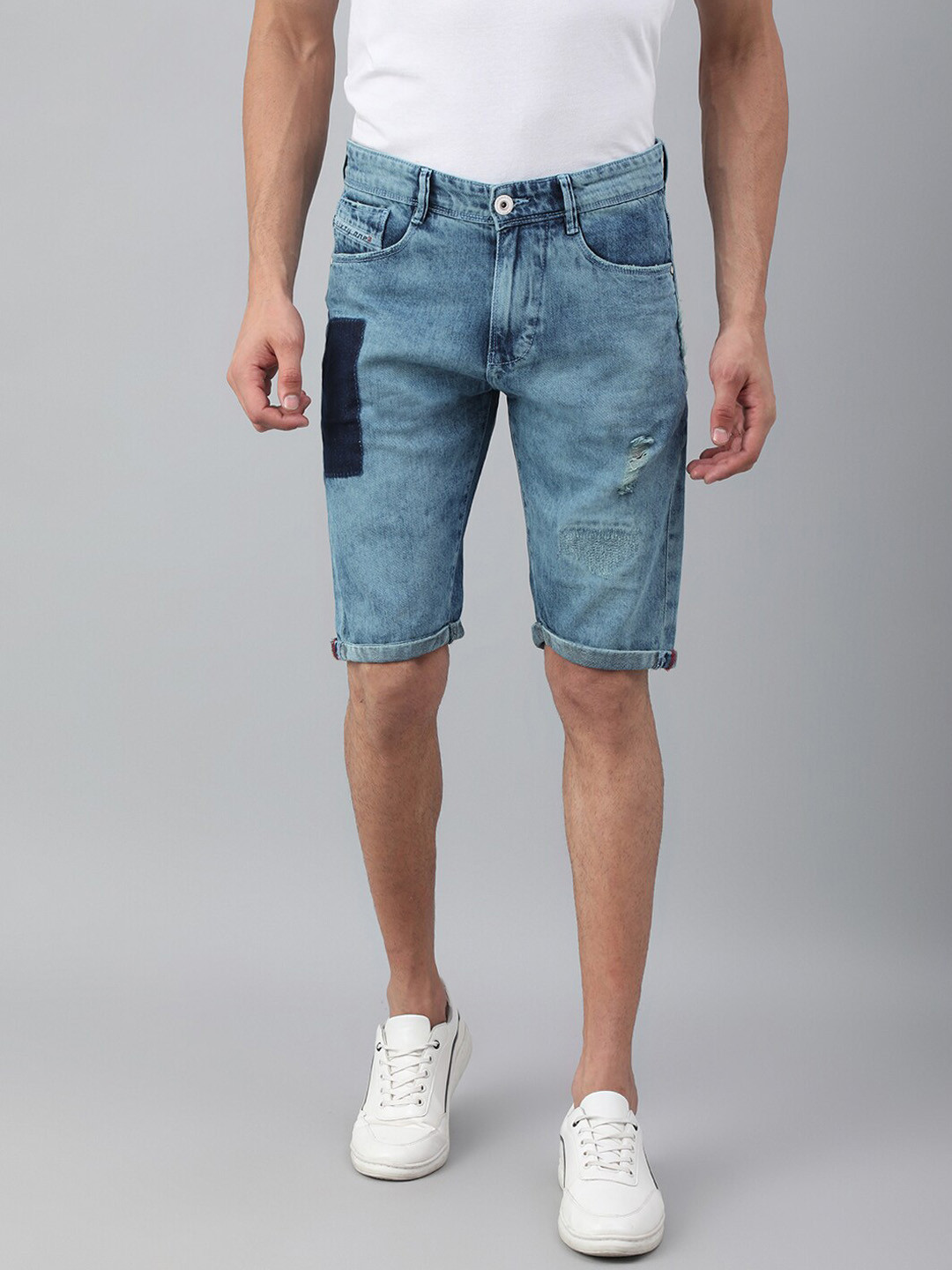 Code 61 Men Turquoise Blue Washed Low-Rise Cotton Denim Shorts