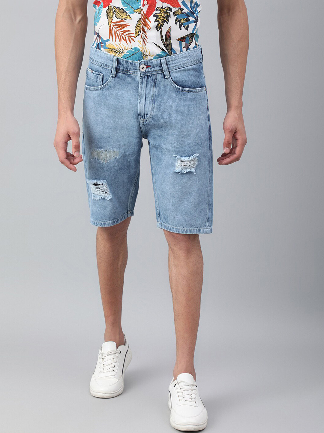 Code 61 Men Blue Solid Distressed Pure Cotton Low-Rise Denim Shorts