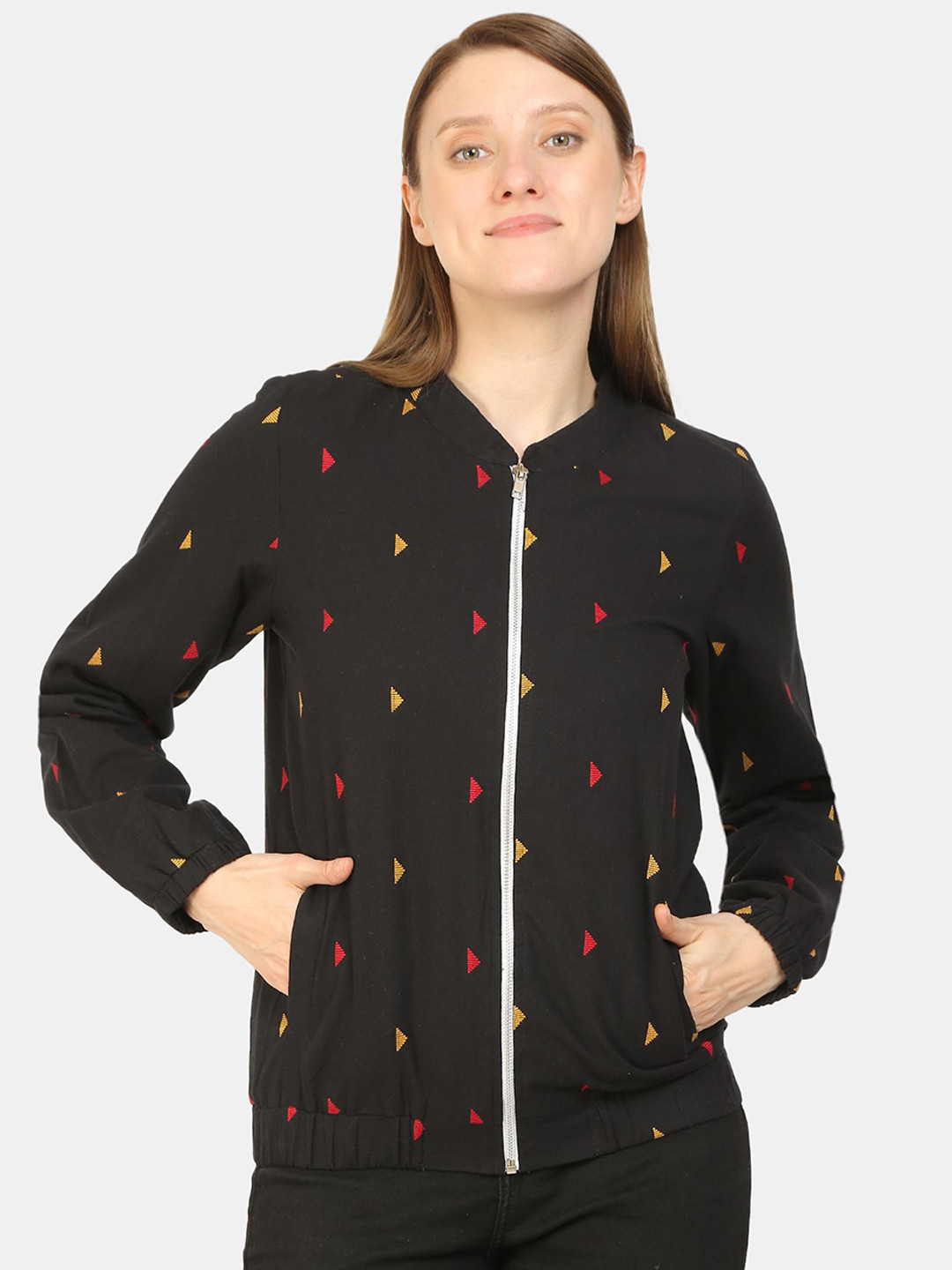 bellamia Women Black Cotton Geometric Bomber Jacket