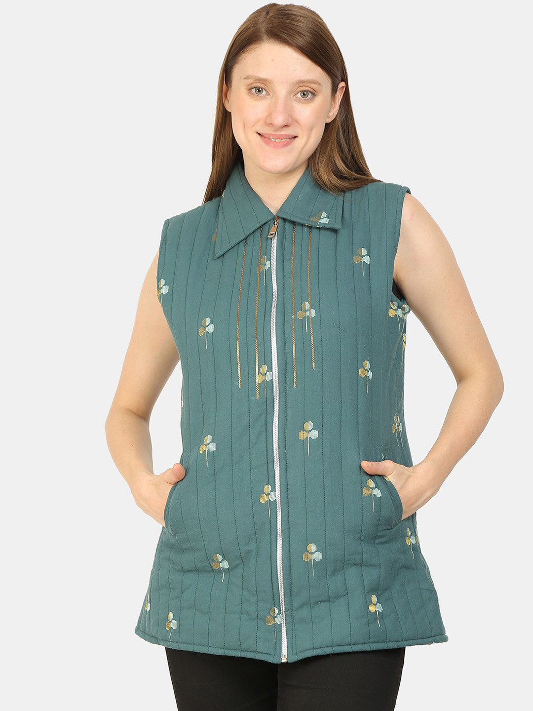 bellamia Women Teal Striped Longline Tailored Jacket