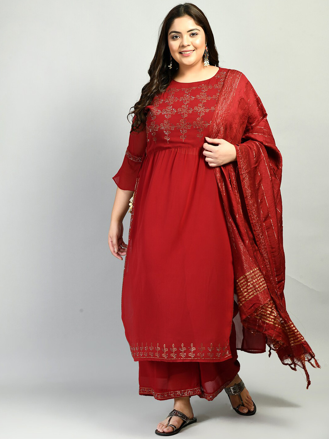 PrettyPlus by Desinoor com Women Maroon Yoke Design Beads and Stones Kurta with Palazzos & With Dupatta