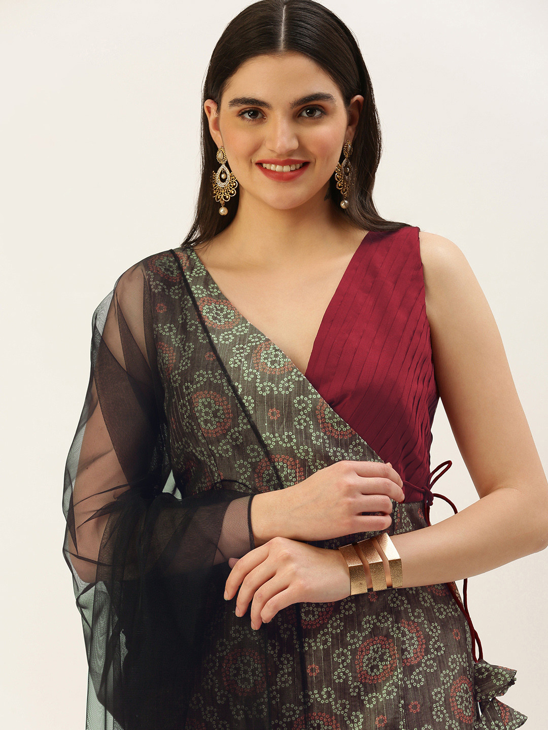 Ethnovog Ready To Wear Maroon N Grey Printed Art Silk Anarkali Set