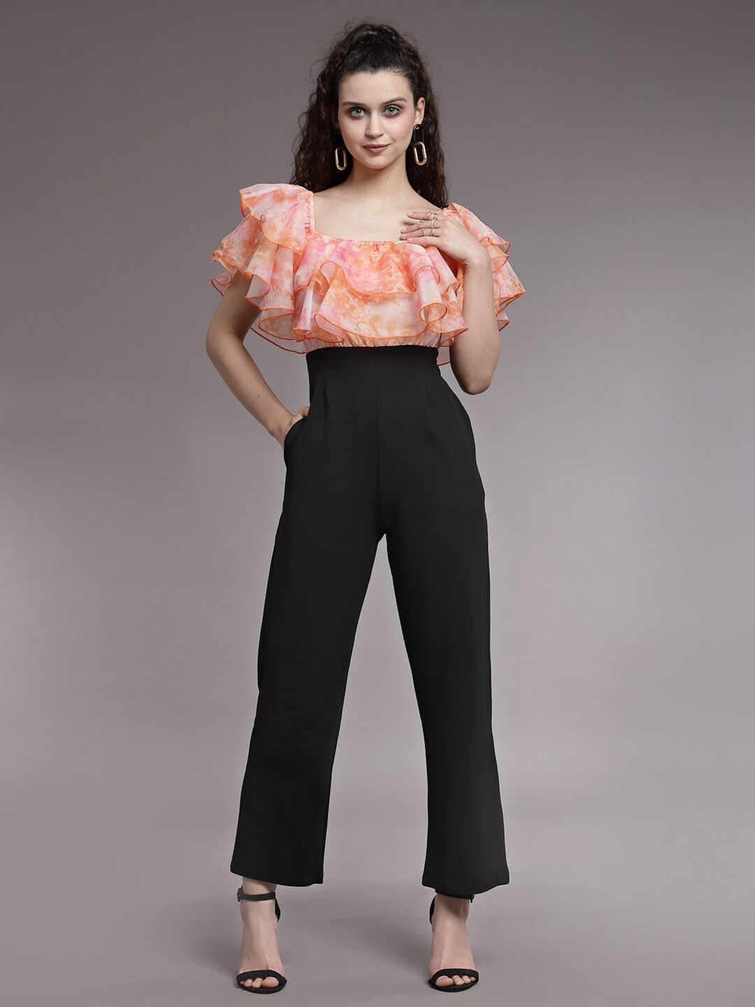 KASSUALLY Orange & Black Basic Jumpsuit with Ruffles