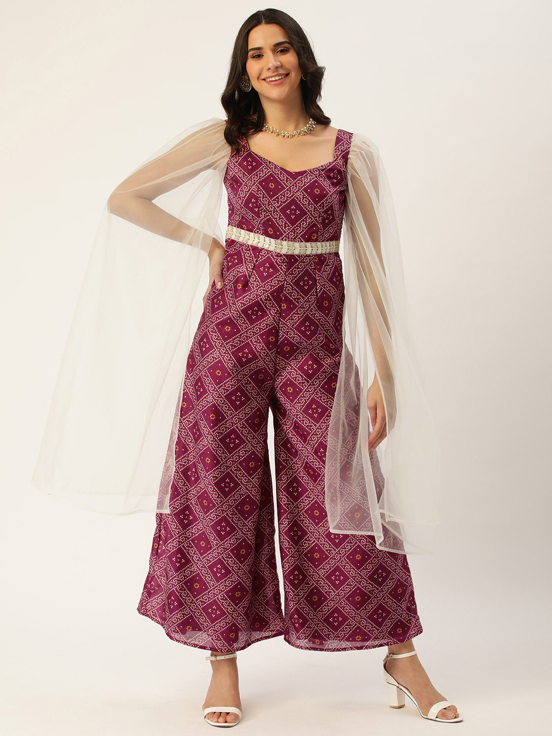 Ethnovog Red  White Ethnic Motifs Print Basic Jumpsuit