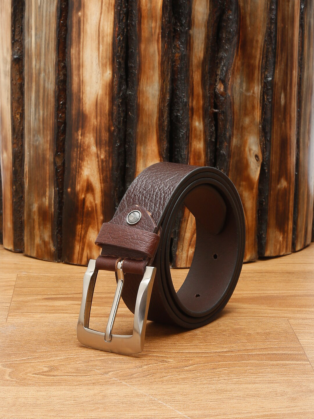 MUTAQINOTI Men Brown Textured Leather Belt