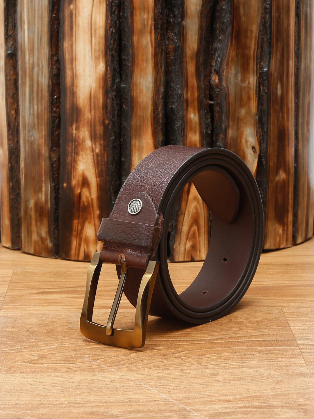 MUTAQINOTI Men Brown Textured Leather Belt