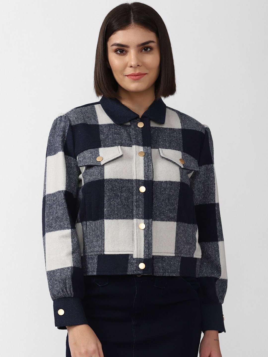 Buy FOREVER 21 Women Navy Blue White Checked Tailored Jacket