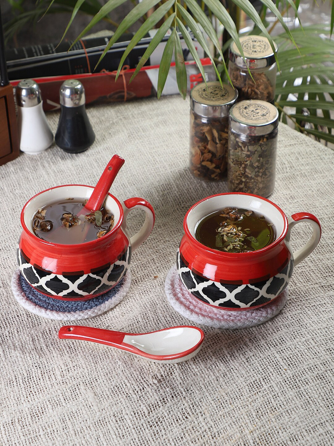 CDI Abhilash Name Personalised Red Geometric Ceramic Handmade 2 Piece Soup Mug with 2 Spoons-350ml