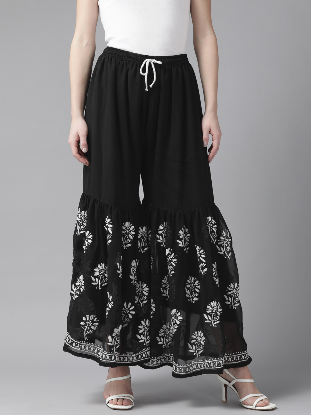 ADA Women Black & White Chikankari Flared Georgette Ethnic Sharara