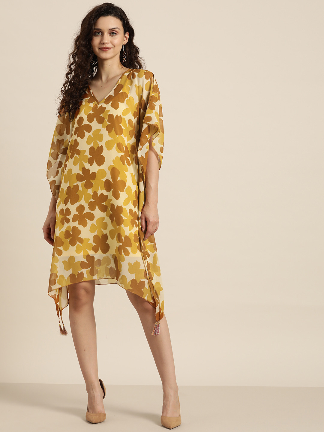 Qurvii Mustard Yellow Floral Georgette Kaftan Dress