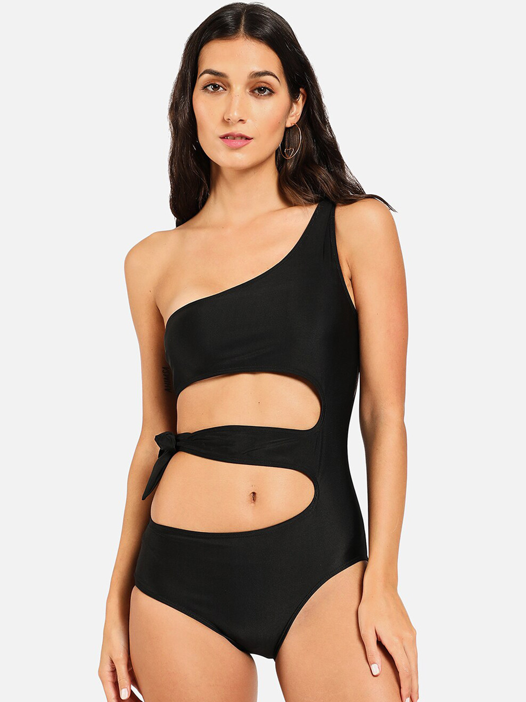 HAUTE SAUCE  Women Black Solid Cut-Out Swimsuit