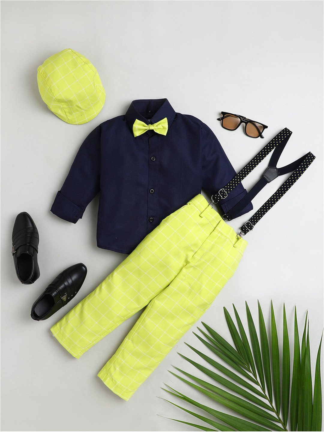 Jeetethnics Boys Yellow & Navy Blue Shirt with Trousers & Suspenders