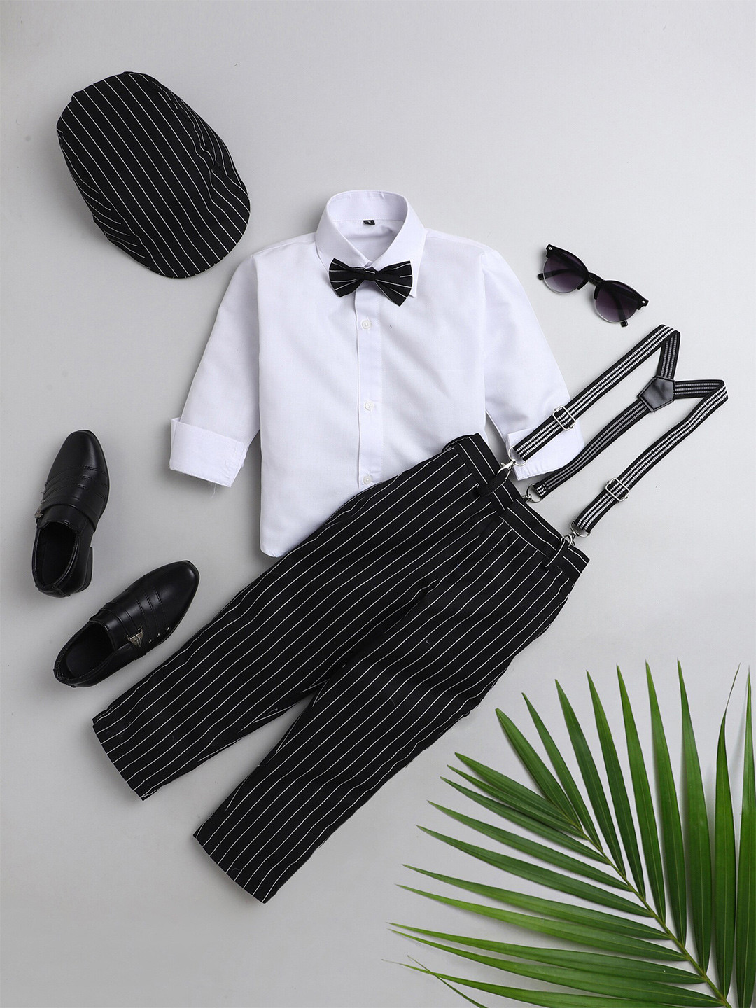Jeetethnics Boys Black & White Shirt & Trouser With Suspenders