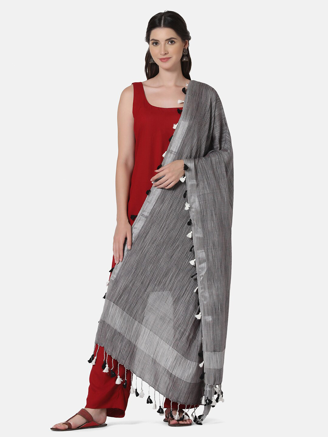 THE WEAVE TRAVELLER Grey Striped Dupatta With Tasselled Border