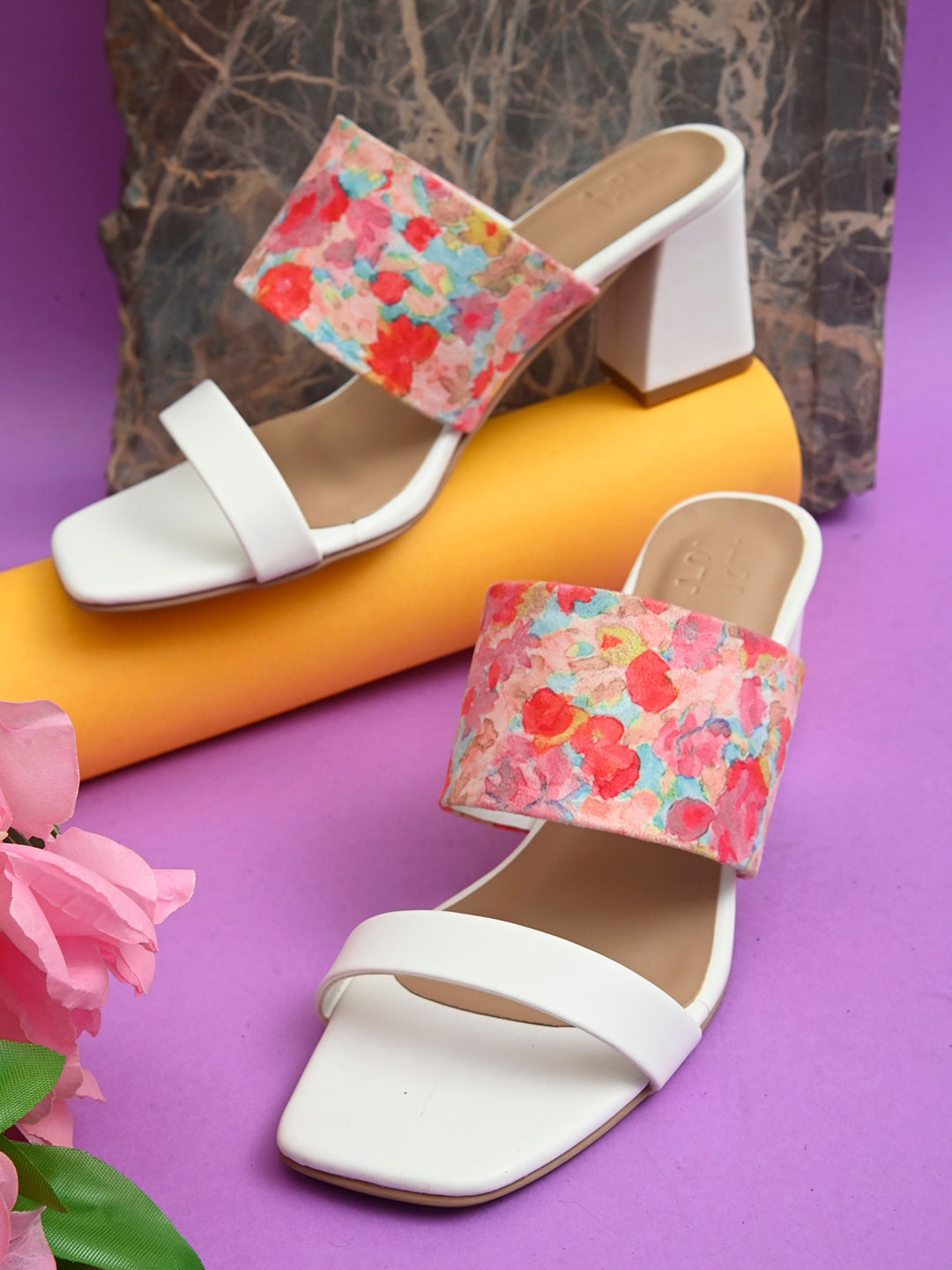 Hydes N Hues White & Pink Printed Block Heels