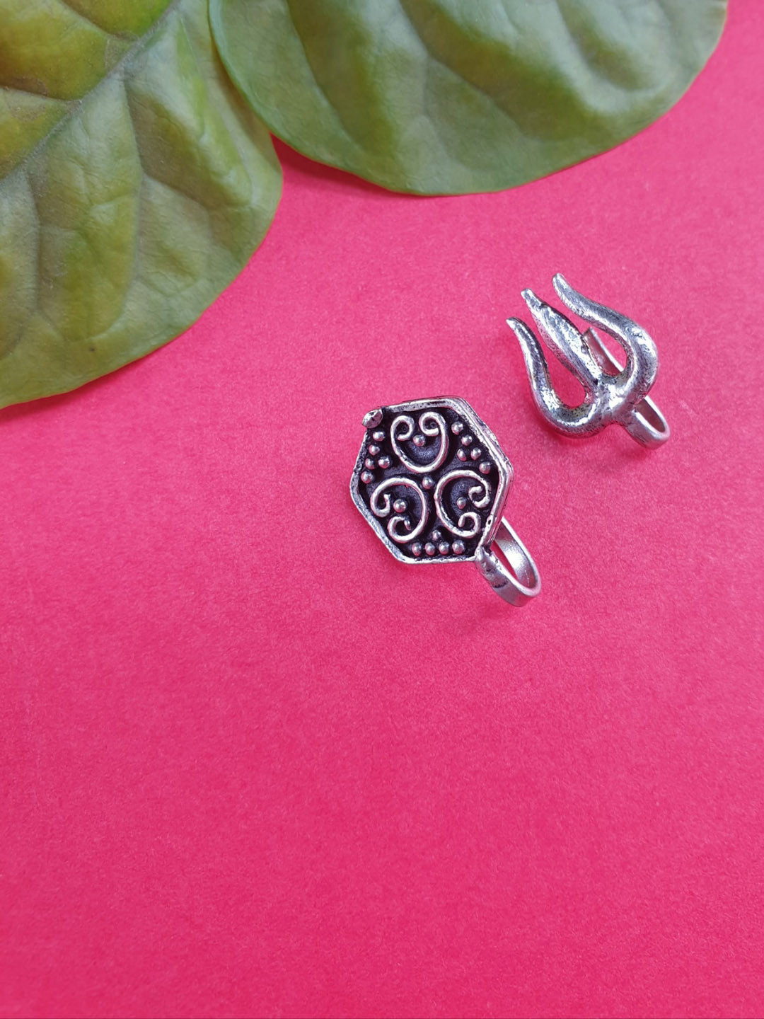 FIROZA Women Set of 2 Silver-Plated Shiv Shakti Oxidized Nose pin