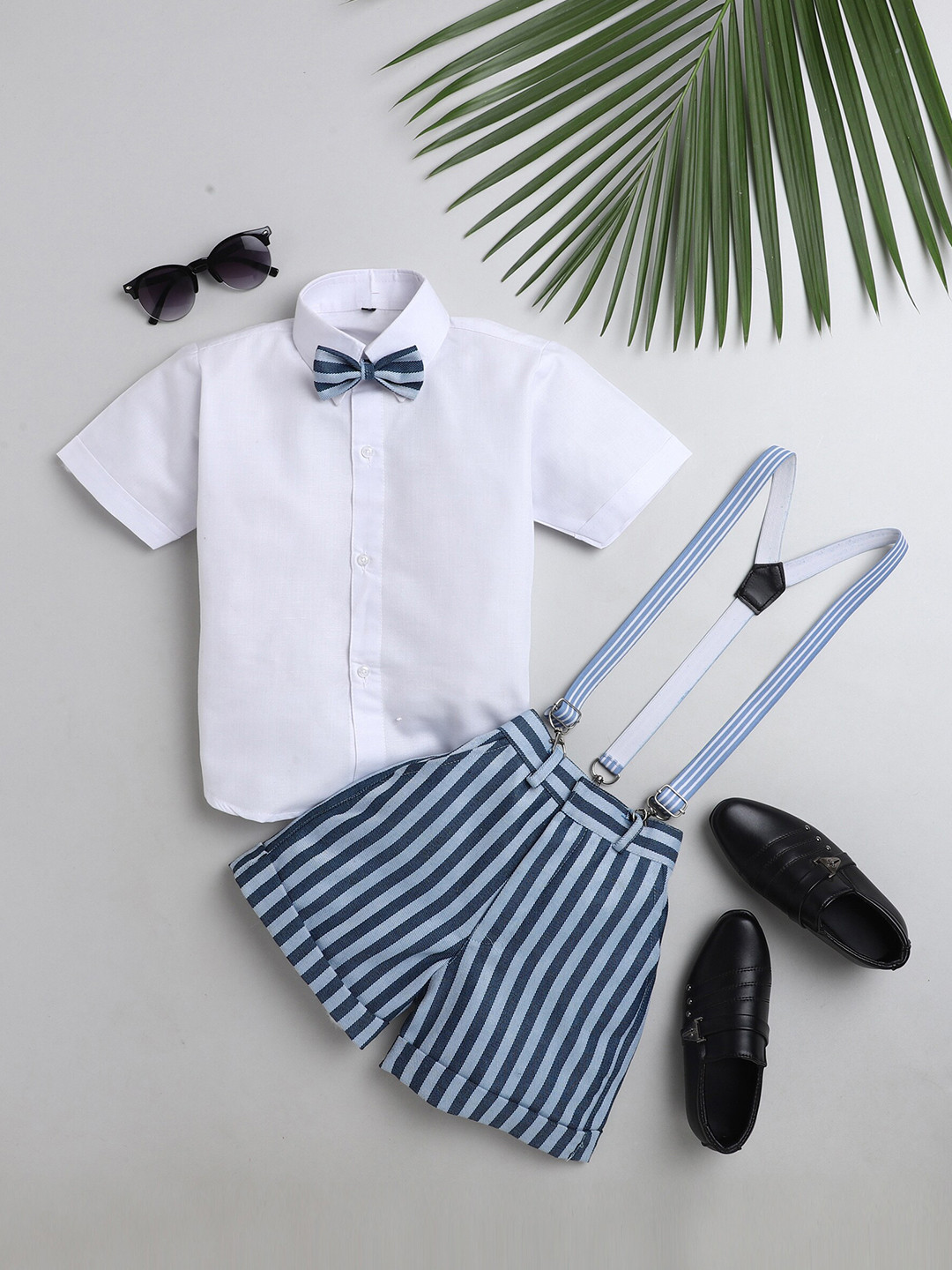 Jeetethnics Boys Blue & White Shirt & Shorts With Suspenders