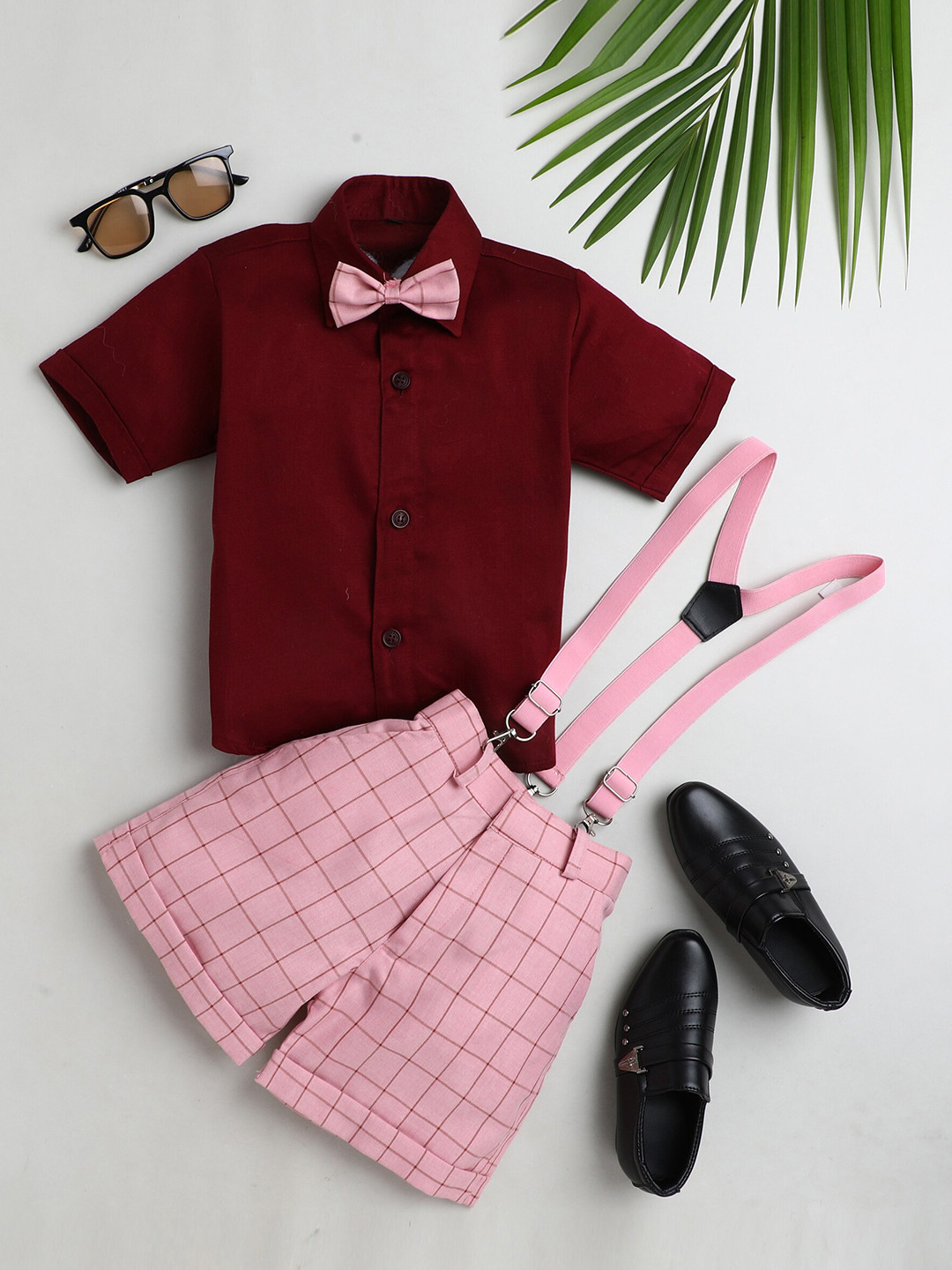 Jeetethnics Boys Peach-Coloured & Maroon Shirt & Shorts With Suspenders